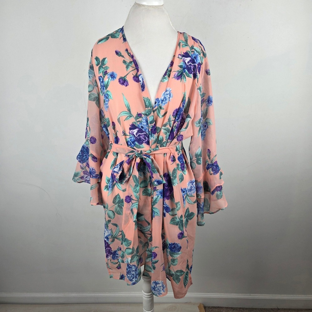 Susan Graver Peach Floral Chiffon Cardigan Kimono Ruffle Sleeve Robe 1X Feminine - Picture 3 of 11